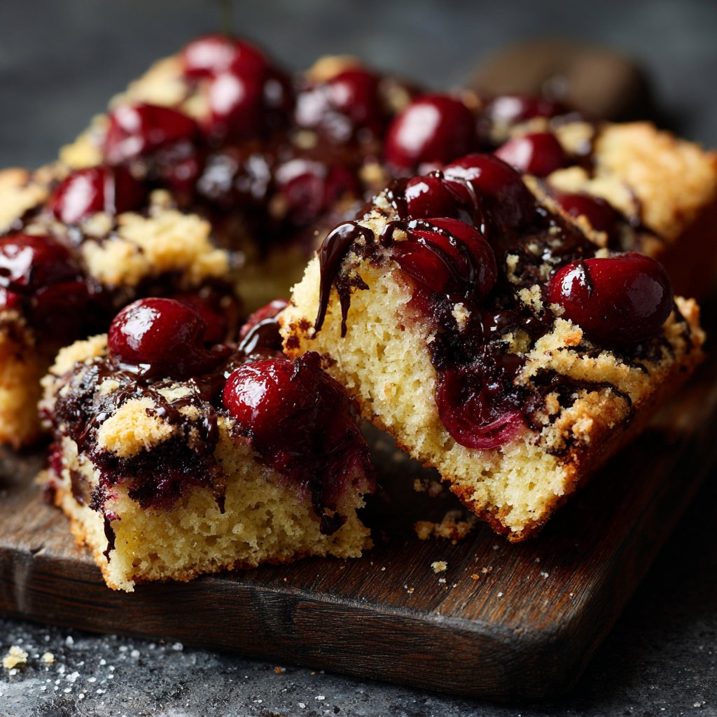 Blechkuchen mit Schokolade und Kirschen