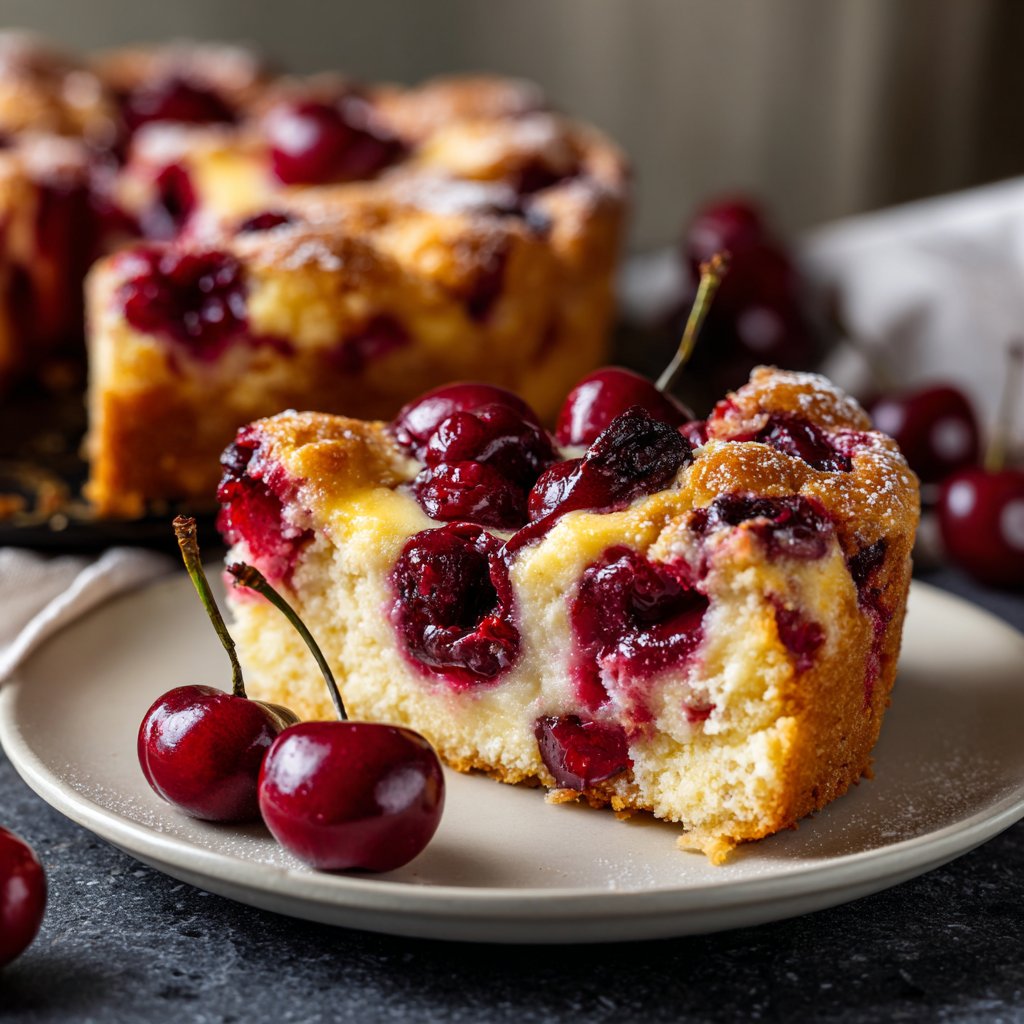 Blechkuchen mit Kirschen und Pudding