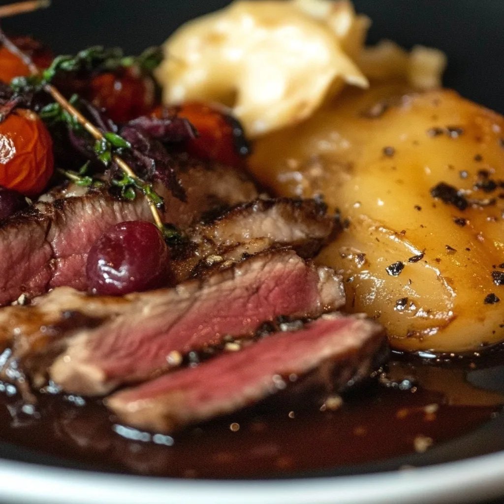 Langsam gegartes mariniertes Rindfleisch mit Soße